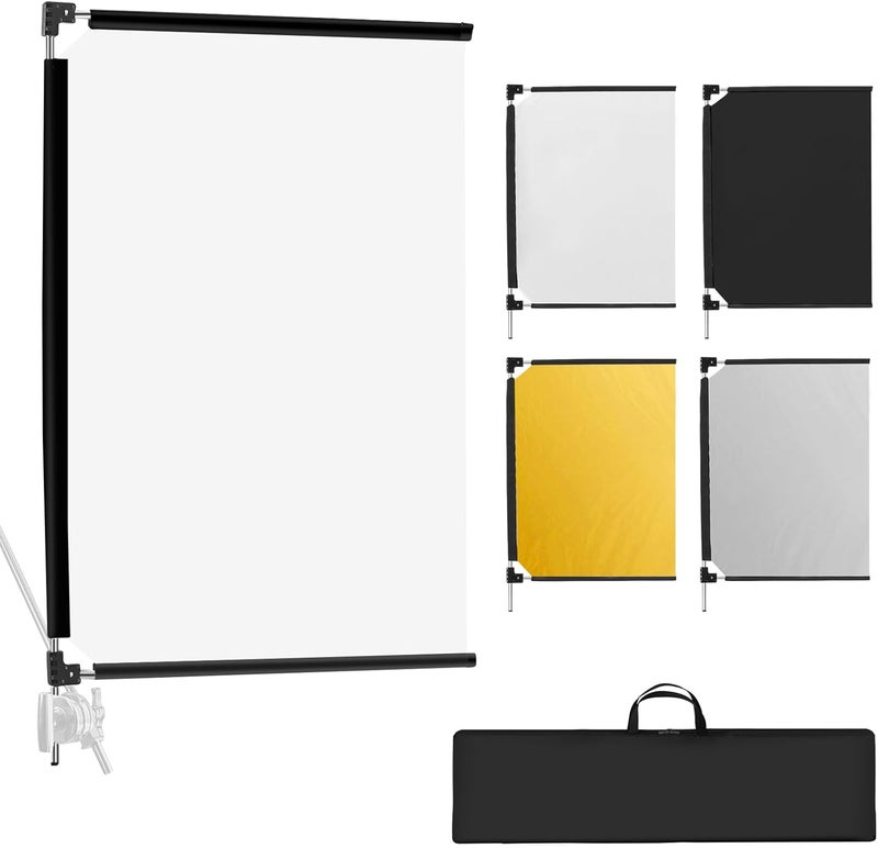 Wellmaking 36x27 Light Reflector Flag, 5-in-1 Portable Collapsible Diffuser for Photo Video Studio Shooting-Silver, Gold, White and Black, Foldable Scrim Flag Kit, Shaper for Diffused & Light Effects - Image 1